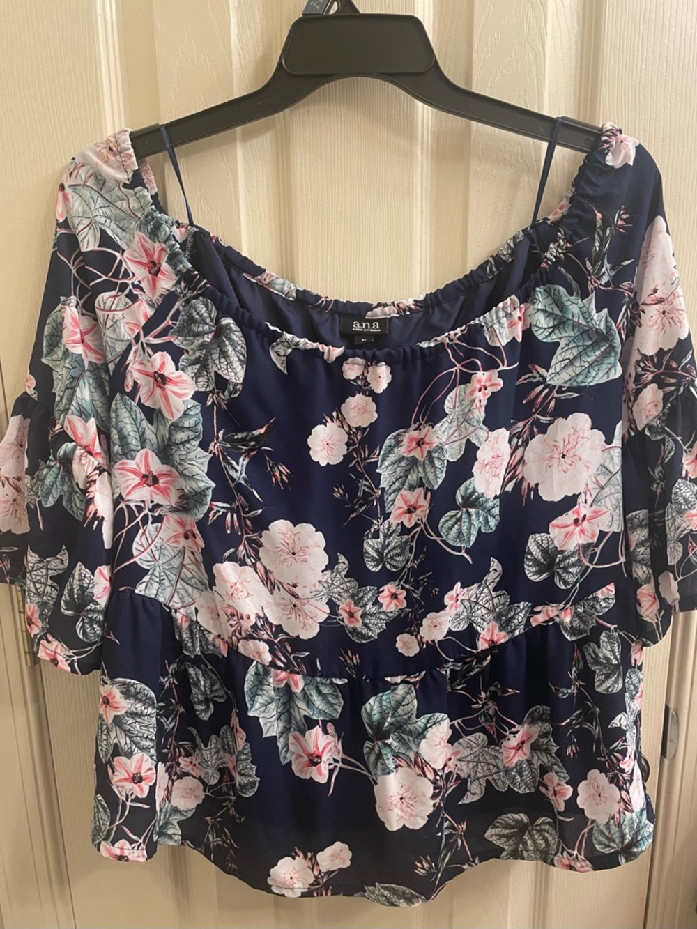 A.N.A Navy Floral On/Off The Shoulder Blouse Flared Sleeves - Size XL - Like New
